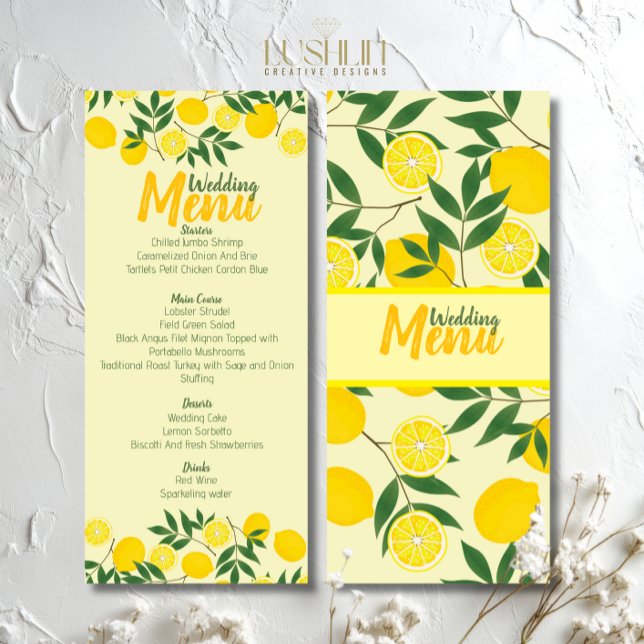 Elegantes Lemon Wedding Flat Menu Menükarte (Von Creator hochgeladen)
