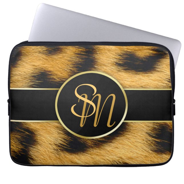 Elegantes Leopard-Druck-Monogramm - Laptop-Hülse Laptopschutzhülle (Vorderseite)