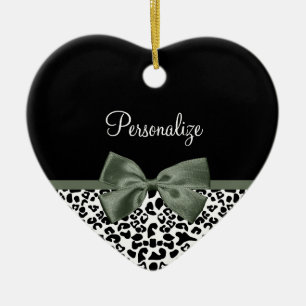 Elegantes Leopard Print dunkelgrünes Band mit Name Keramikornament