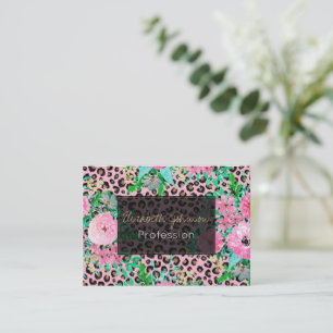 Elegantes Leopard Print & Floral Paint Design Rosa Visitenkarte