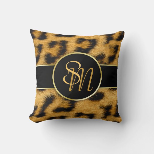 Elegantes Leopard Print Monogram - Square Pillow Kissen (Vorderseite)