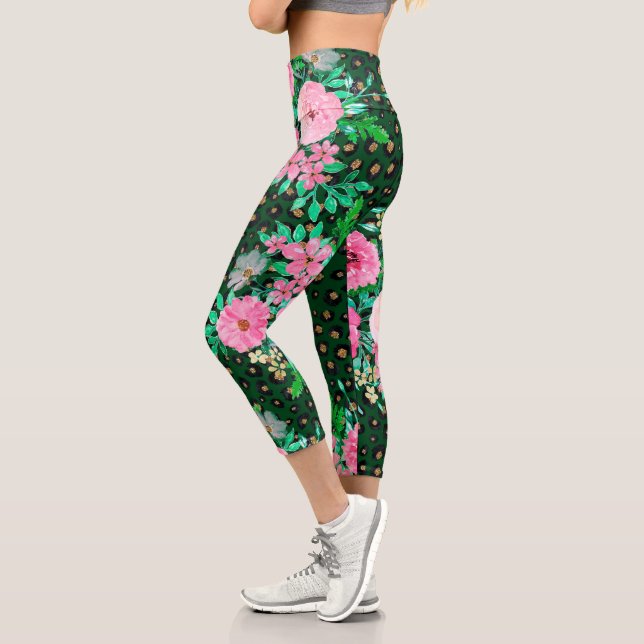 Elegantes Leopard Print Pink Blumengrün Design Capri Leggings (Links)
