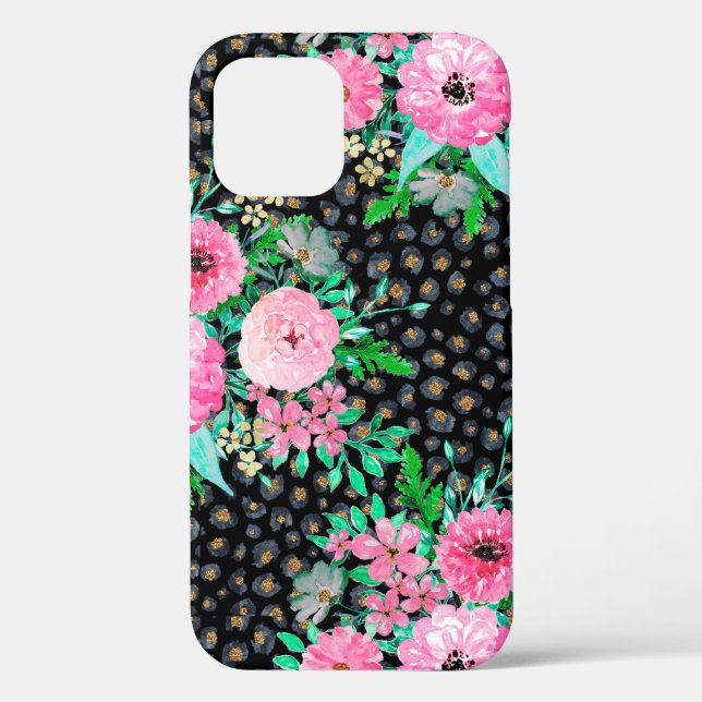 Elegantes Leopard Print & Pink Floral Black Design Case-Mate iPhone Hülle (Rückseite)