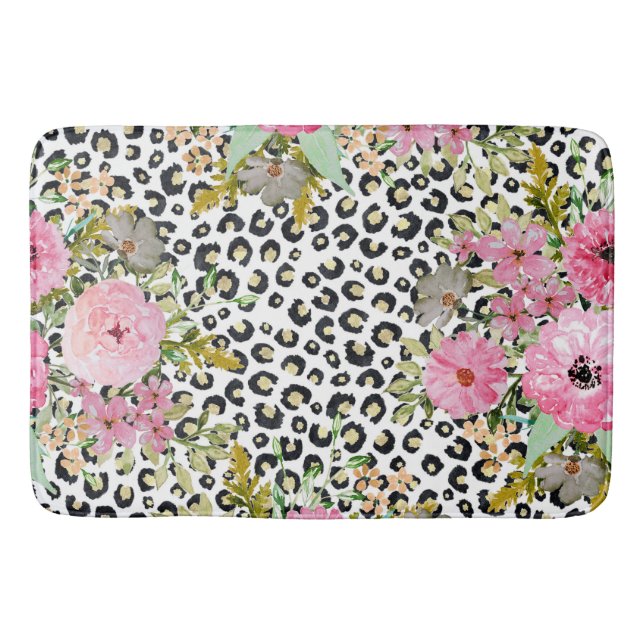 Elegantes Leopard Print und Blumendesign Badematte (Vorderseite)