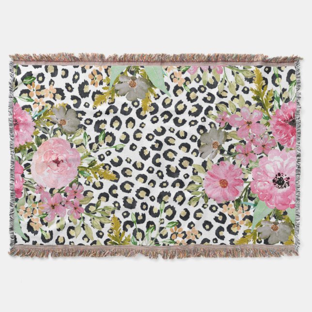 Elegantes Leopard Print und Blumendesign Decke (Vorderseite)