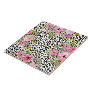 Elegantes Leopard Print und Blumendesign Fliese