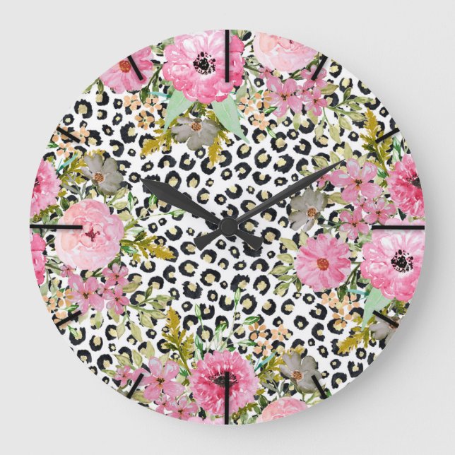 Elegantes Leopard Print und Blumendesign Große Wanduhr (Vorderseite)