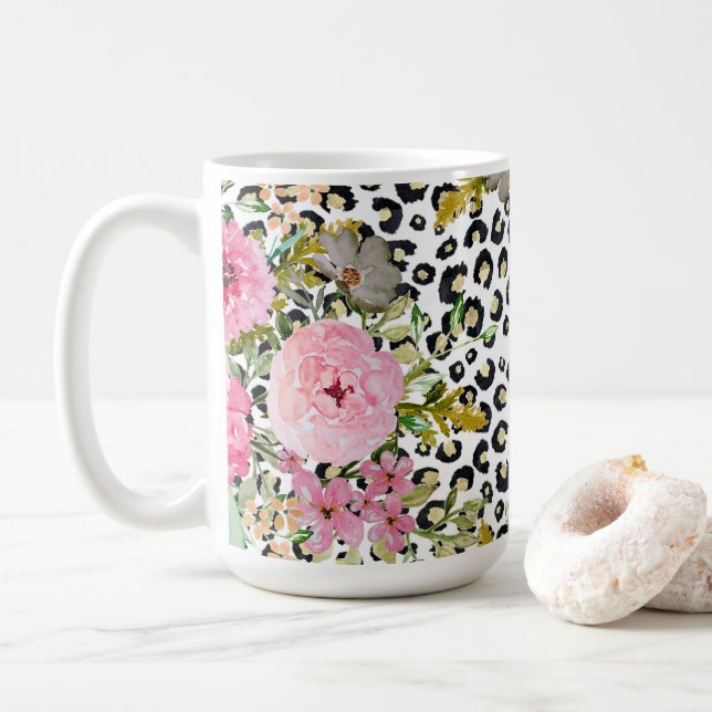 Elegantes Leopard Print und Blumendesign Kaffeetasse (Mit Donut)