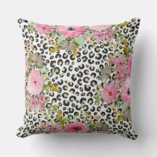 Elegantes Leopard Print und Blumendesign Kissen (Vorderseite)
