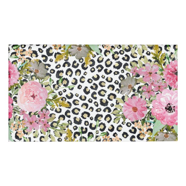 Elegantes Leopard Print und Blumendesign Namenschild (Vorderseite)