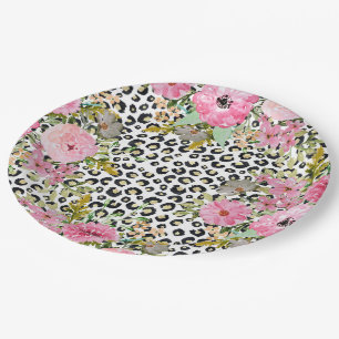 Elegantes Leopard Print und Blumendesign Pappteller