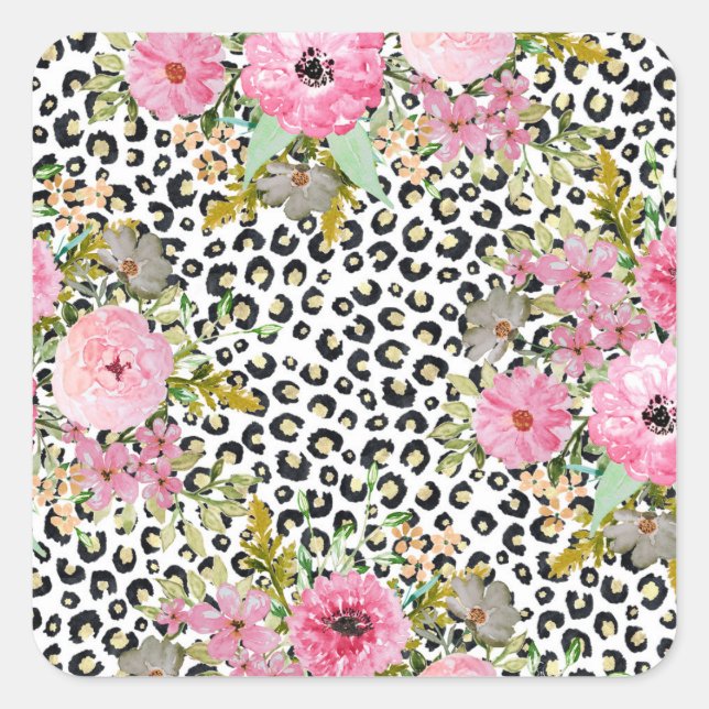 Elegantes Leopard Print und Blumendesign Quadratischer Aufkleber (Vorderseite)