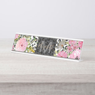 Elegantes Leopard Print und Blumendesign Schreibtischnamensplakette