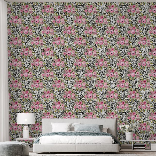 Elegantes Leopard Print und Blumendesign Tapete (Schlafzimmer)