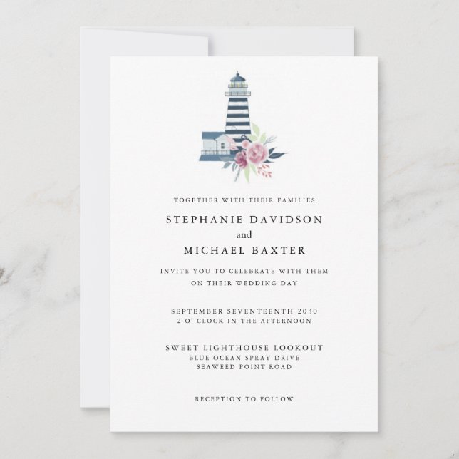 Elegantes Leuchtturm Wasserfarben Minimalistisch Einladung (Vorderseite)
