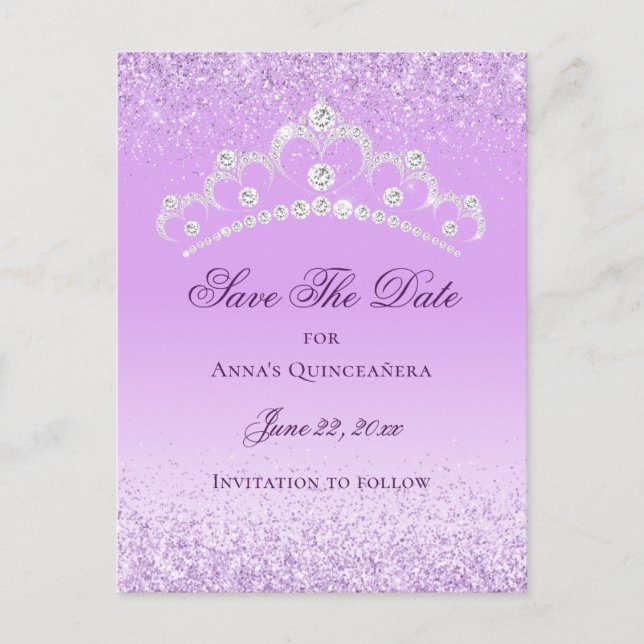 Elegantes Licht Lila Quinceanera Save the Date Postkarte (Vorderseite)