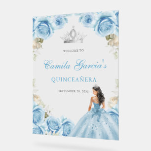 Elegantes Lichtblaues Florales Quinceañera-Willkom Acrylschild