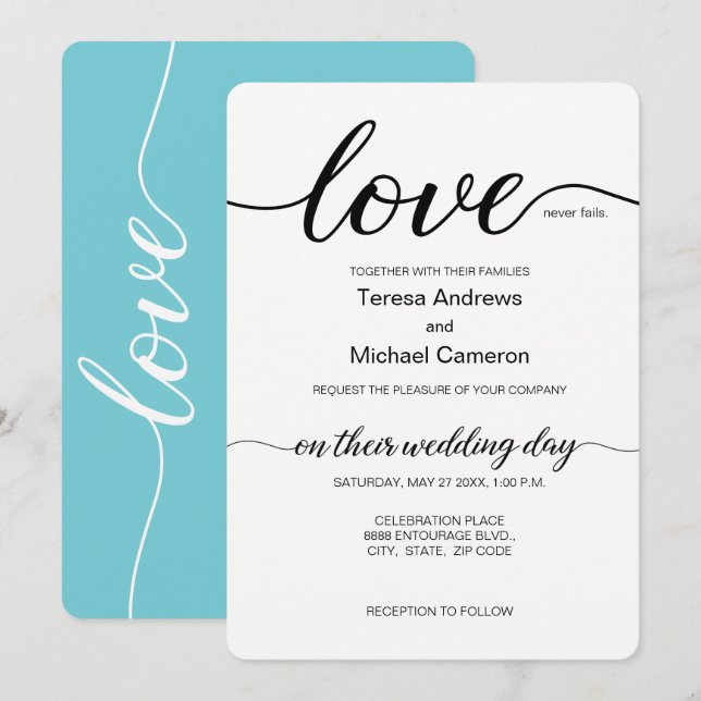 Elegantes Liebe-Skript aquamarin Schwarzweiß Einladung (Vorne/Hinten)