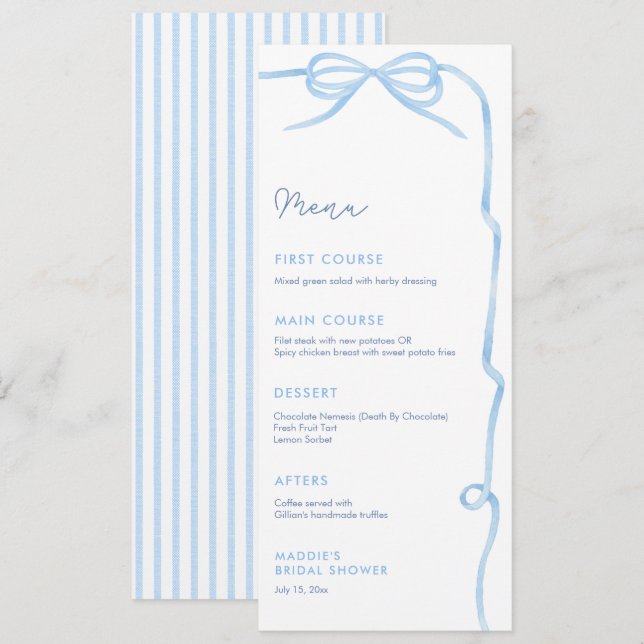 Elegantes Light Blue Bow Brautparty Party Menükarte (Vorne/Hinten)