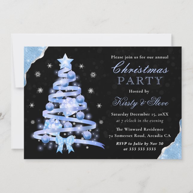 Elegantes Light Blue Ribbon Tree Weihnachten Party Einladung (Vorderseite)