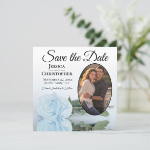 Elegantes Light Dusty Blue Rose & Oval Foto Hochze Save The Date