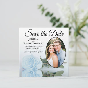 Elegantes Light Dusty Blue Rose & Oval Foto Hochze Save The Date