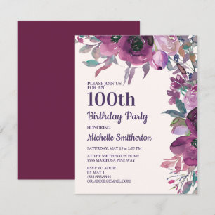 Elegantes lila Aquarell-Blumen-100. Geburtstag Einladung
