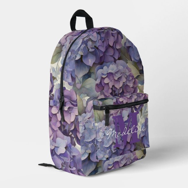 Elegantes lila Aquarellblumenmonogramm Bedruckter Rucksack (Rückseitige Ecke links)