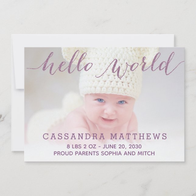 Elegantes Lila Baby Birth Foto Ankündigung (Vorderseite)