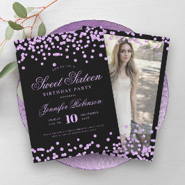Elegantes Lila Black Confetti Foto Sweet 16 Einladung