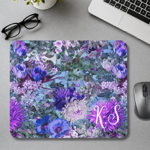 Elegantes lila-blaues Blumenmuster-Monogramm Mousepad