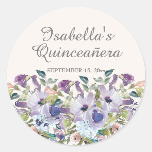 Elegantes lila-blaues florales Quinceañera-Name-Da Runder Aufkleber