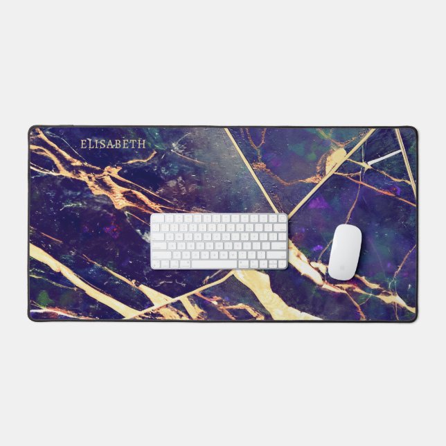 Elegantes Lila Blue-Gold-Marmor-Add-Name Monogram Schreibtischunterlage (Tastatur & Maus)