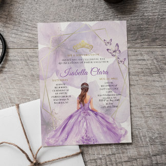 Elegantes lila Blumen- Quinceañera Gold Einladung