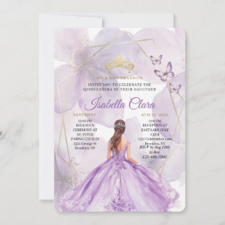 Elegantes lila Blumen Quinceañera Gold Rund Einladung