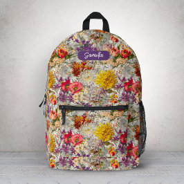 Elegantes lila Blumengrau-Muster Monogramm Bedruckter Rucksack