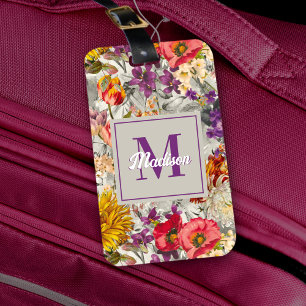 Elegantes lila Blumengrau-Muster Monogramm Gepäckanhänger
