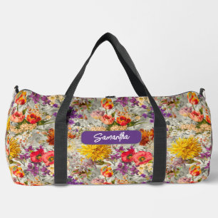 Elegantes, lila, blumengraues Muster, Monogramm Duffle Bag