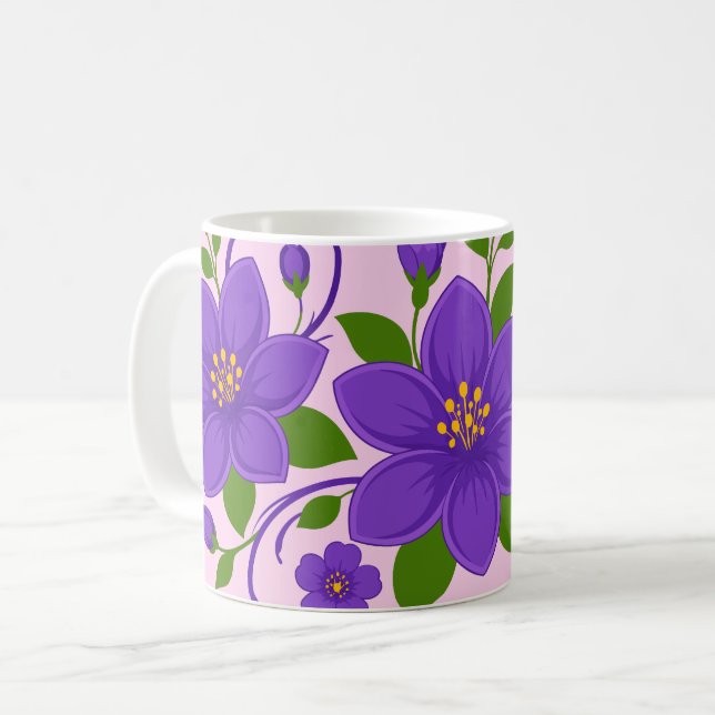 Elegantes lila Blumenornament-Muster Kaffeetasse (Vorderseite Links)