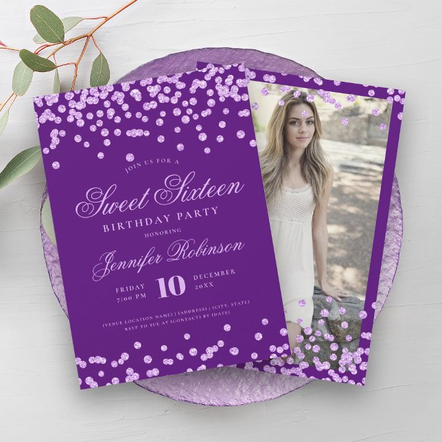 Elegantes Lila Confetti Foto Sweet 16 Einladung (Elegant Purple Confetti Photo Sweet 16 Invitation)