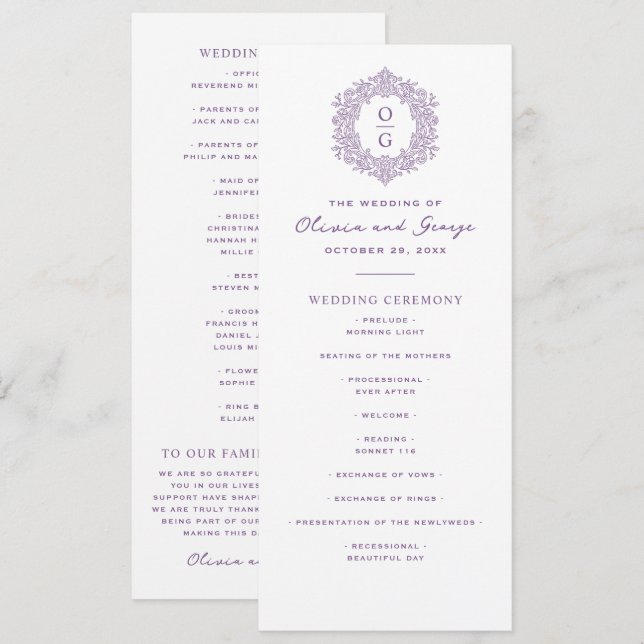 Elegantes lila Erbstück-Hochzeit Programm (Vorne/Hinten)