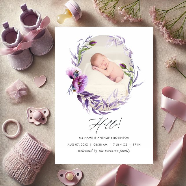 Elegantes Lila florales Foto Baby Ankündigung (Elegant Purple Floral Photo Baby Announcement)