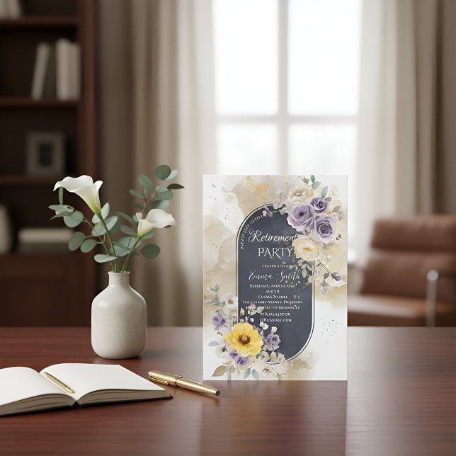 Elegantes Lila Gelb Gold Blumen-Wasserfarben-Retir Einladung (Von Creator hochgeladen)