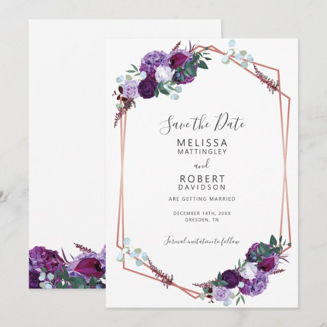 Elegantes Lila geometrisches Skript Save The Date (Vorne/Hinten)