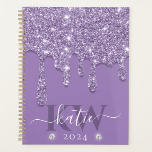 Elegantes lila Glitter-Monogramm mit Tropfeneffekt Planer