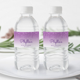 Elegantes lila-glitzer-tropf 80. Geburtstagsfeier Wasserflaschenetikett