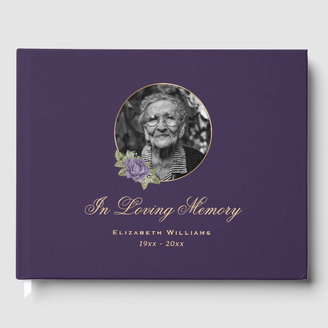 Elegantes Lila Gold Floral Beerdigung Foto Gästebuch (Vorderseite)