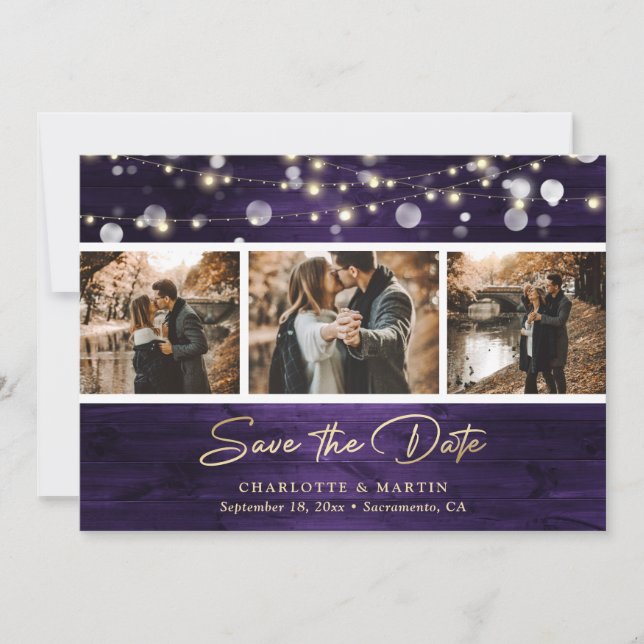 Elegantes Lila Gold Foil Wood Wedding Foto Save The Date (Vorderseite)