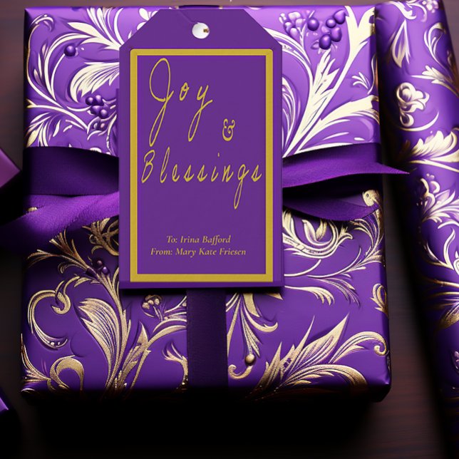 Elegantes Lila & Gold 'Joy & Segen' Geschenkanhänger (Elegant Royal Purple and Gold Script 'Joy & Blessings' Gift Tag)