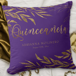 Elegantes Lila Gold Leaf Personalisiert Quinceaner Kissen